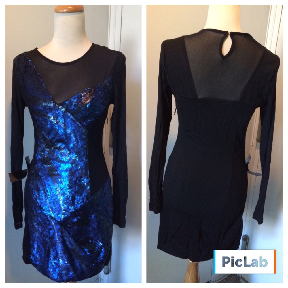 Bebe blue/black long sleeve sequined Medium New With Tags dress